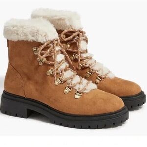 J.CREW FAUX FUR & LEATHER HIKING BOOTS CHESTNUT BROWN SIZE 8 WOMENS